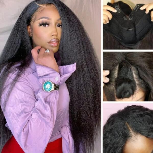 0 Off Sunber Kinky Straight V Part Wigs No Leave Out Yaki Straight Human Hair Wig - 24 / U Part-150%