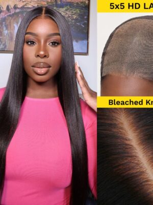 Sunber Yaki Straight Glueless Pre-cut 7x5 Bye Bye Knots Lace Closure Wig With Bleach Knots - 5x5 HD Pre-Cut Lace-180% / 18