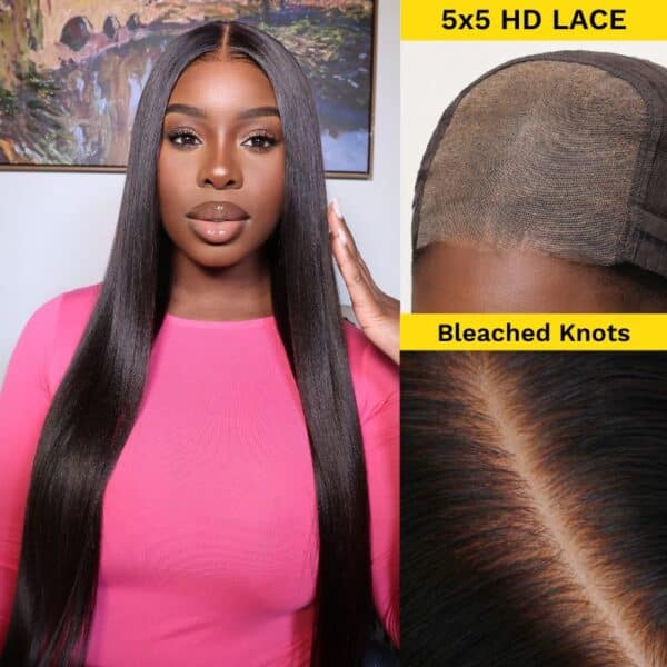 Sunber Yaki Straight Glueless Pre-cut 7x5 Bye Bye Knots Lace Closure Wig With Bleach Knots - 5x5 HD Pre-Cut Lace-180% / 18