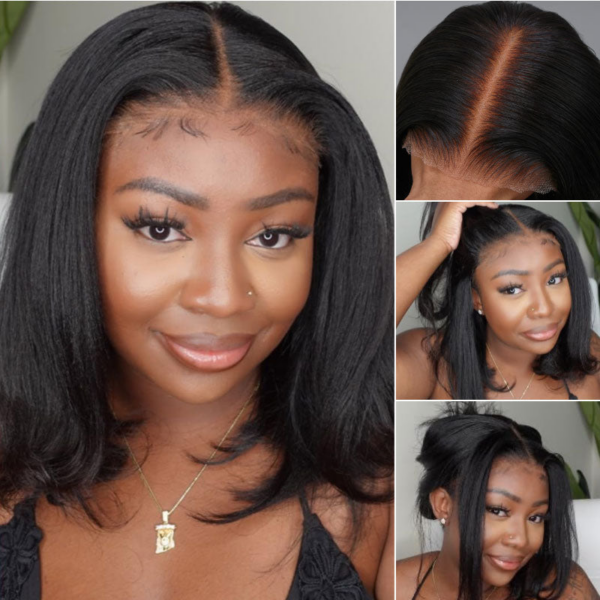 Extra 70% OFF | Sunber Yaki Straight Blunt Cut Short Bob 7x5 Pre-Cut Lace Wig Human hair - 12 / 13*4 Pre Everything / Yaki Straight