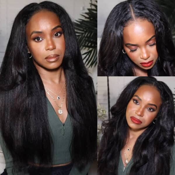 Sunber Kinky Straight V Part Wigs Versatile No Leave Out Yaki Straight Human Hair Wig - 18 / No Lace V Part-150% Density