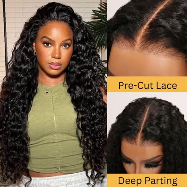 BOGO Sunber Water Wave 7*5 Pre-Cut Lace Glueless Wig Grab And Go Human Hair Wigs Natural Black Color - 16 / 7x5 Bye Bye Knots / No Baby Hair