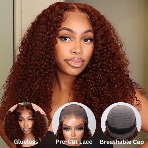 BOGO Sunber Pre-Cut Lace Reddish Brown Curly Quick & Easy Installation Glueless Wigs - 22 / 13*4 Pre Everything / No Baby Hair