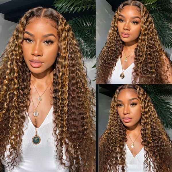 Sunber 0 Off Piano Brown Highlight Water Wave 13*4 Lace Frontal Wigs - 16 / 150% / 13*5 T Part Lace Frontal