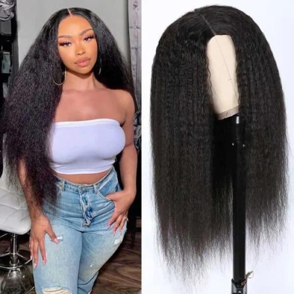 0 Off Sunber Kinky Straight V Part Wigs No Leave Out Yaki Straight Human Hair Wig - 24 / U Part-150%