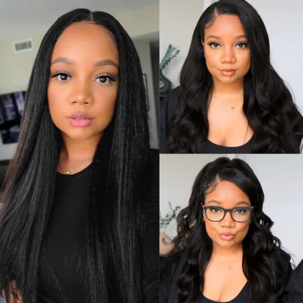 Sunber Kinky Straight V Part Wigs Versatile No Leave Out Yaki Straight Human Hair Wig - 18 / No Lace V Part-150% Density