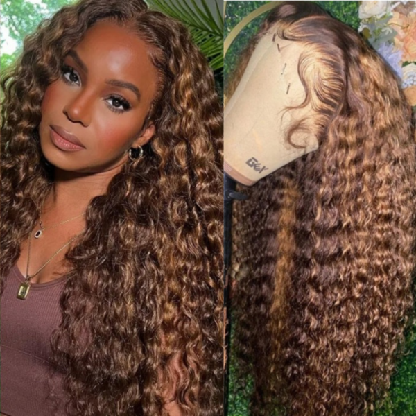 Extra 50% Off Sunber Piano Brown Highlight 13 By 4 Pre-Everything Lace Frontal Wigs Water Wave Human Hair - 18 / 13*4 Pre-Everything