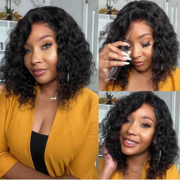Sunber Water Wave 13x4 Pre Everything Lace Frontal Glueless Pre Cut Put On And Go Human Hair Short Bob Wig Flash Sale - 7x5 Bye Bye Knots / 24