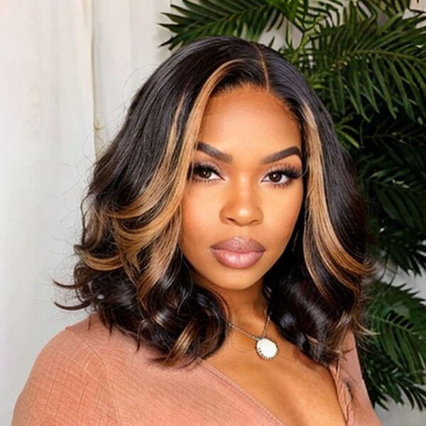 Wear&Go 1B/27# Piano Highlights Color Body Wave Transparent Lace Wig Short Bob Human Hair Wig - 5x5 / 150% / 14inch