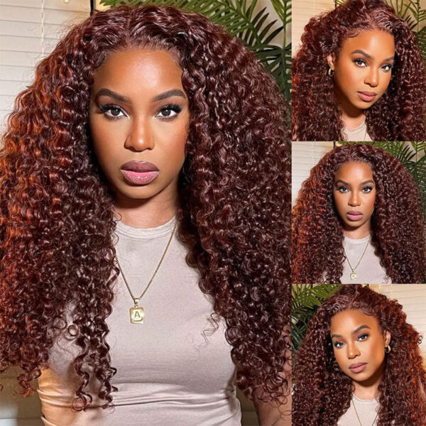 Reddish Brown Curly Wig HD Lace Front Wigs 4*4/13*4/13*6 Lace Human Hair Wig - 13x6 Lace / Yes（+） / 24inch