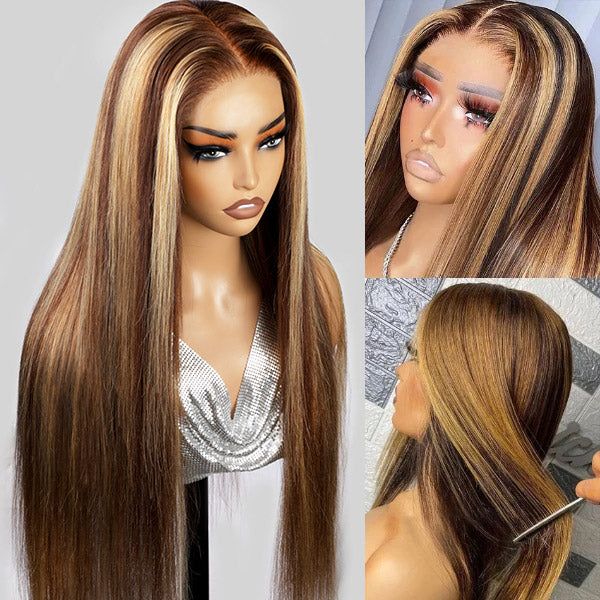 Glueless Tiny Knot Transparent Lace 7x4 Lace Black Straight Wig With Bleached Knots - 99J / 28 inch