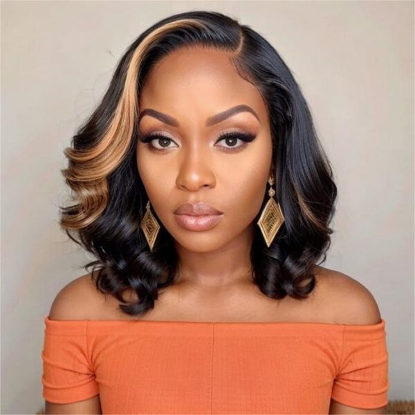 Wear&Go 1B/27# Piano Highlights Color Body Wave Transparent Lace Wig Short Bob Human Hair Wig - 5x5 / 150% / 14inch