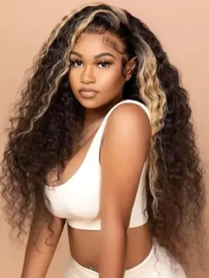 Balayage Highlights Curly Wig HD Lace Front Wig Human Hair #1B/27 Colored Wig 180% Density - 4x4 Lace / NO / 26inch