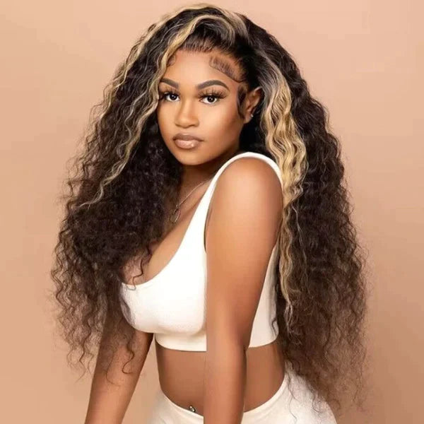 Pre-Cut Lace Wear Go Glueless Wig Black With Honey Blonde Piano Color Curly Breathable - 4x4 Lace / 150% Density / 14 inch