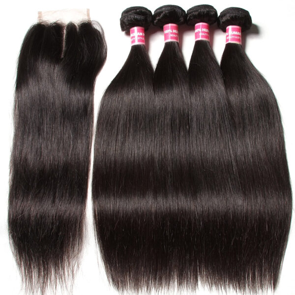 Sunber Virgin Peruvian Hair Straight Hair 4 Bundles With 4*4 Lace Closure, Hotsale Peruvian Hair Weaves - 16 18 20 22+14 / Free Part