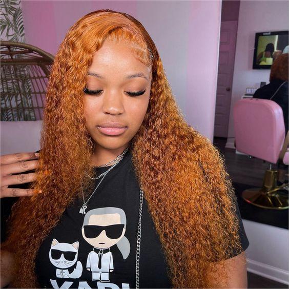 Pre-Cut Lace Wear Go Glueless Wig Ginger Orange Pure Color Curly Breathable - 5x5 Lace / 180% Density / 24 inch