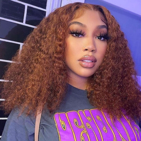 Sunber Precolored Ginger Brown Jerry Curly 13*4 Lace Front Human Hair Wigs - 16