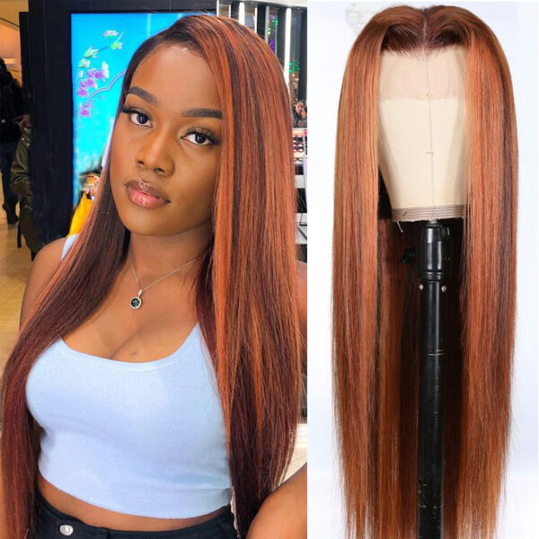 Sunber Mix Ginger And Copper Red Straight Human Hair Wigs Ombre Lace Front Wig - 18