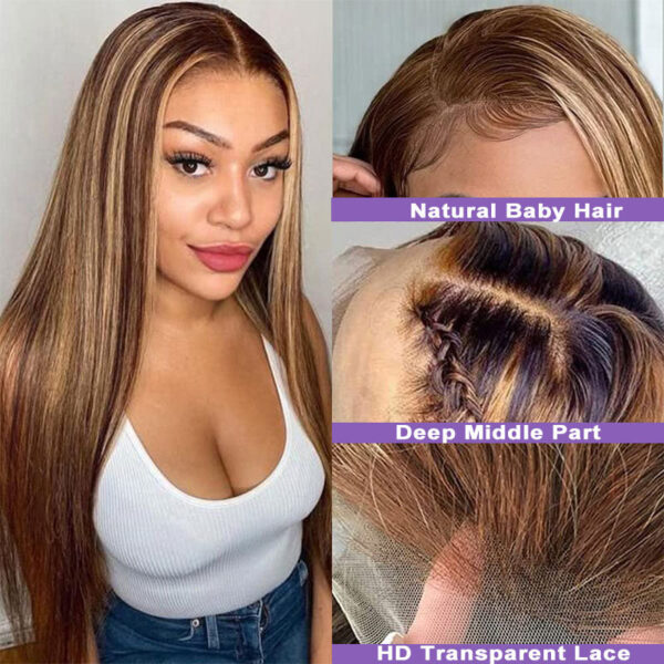 Highlights Color 360 Transparent Lace Wig Straight Human Hair Wig For Black Woman - 360 Lace / 150% / 32inch