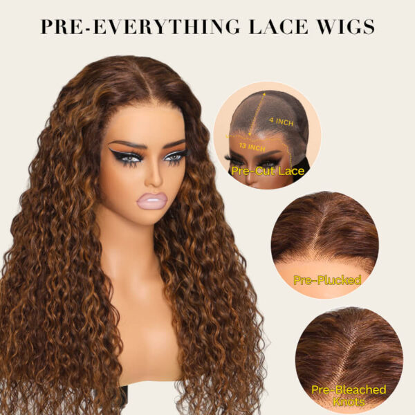 Extra 70% Off Sunber Piano Brown Highlight 13 By 4 Pre-Everything Lace Frontal Wigs Water Wave Human Hair - 16 / 13*5*0.5 T Part Lace Front