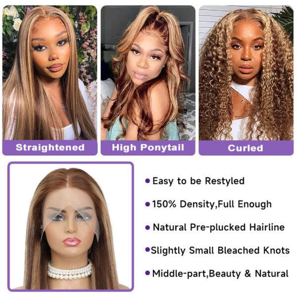 Highlights Color 360 Transparent Lace Wig Straight Human Hair Wig For Black Woman - 360 Lace / 150% / 32inch