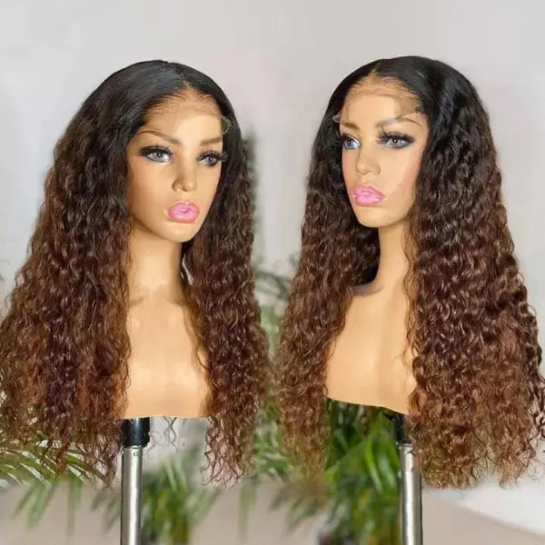 Ombre Color Curly Wig Lace Closure Wig Black With Medium Brown Human Hair Wig - 13x4 Lace / 180% / 16inch