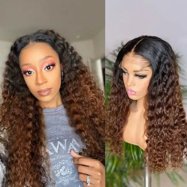 Ombre Color Curly Wig Lace Closure Wig Black With Medium Brown Human Hair Wig - 13x4 Lace / 180% / 16inch