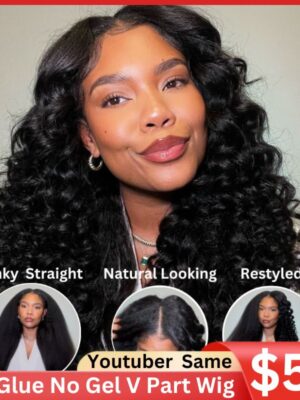 0 Off Sunber Kinky Straight V Part Wigs No Leave Out Yaki Straight Human Hair Wig - 24 / U Part-150%