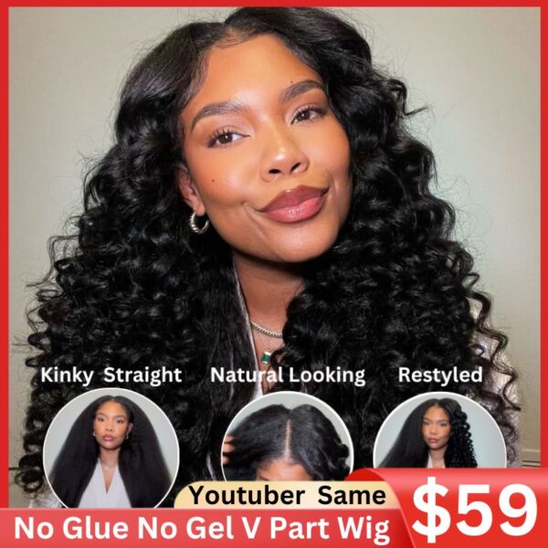 0 Off Sunber Kinky Straight V Part Wigs No Leave Out Yaki Straight Human Hair Wig - 24 / U Part-150%