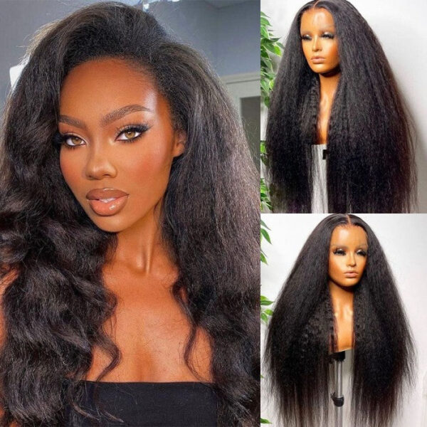 Sunber Kinky Straight Glueless Wig Invisible 5*5 HD Lace Wig Human Hair - 24 / 5*5 HD Lace-180% Density