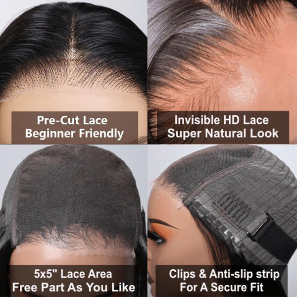 Pre-Cut Glueless Wig Natual Black Straight Human Hair Beginner Wear & Go Wigs - 4x4 Lace / 150% / 22 inch