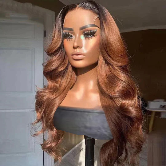 Black With Light Brown Ombre Color Body Wave Virgin Wig HD Lace Wig Human Hair Wig - 13x4 Lace / Yes（+） / 22inch