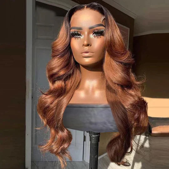 Black With Light Brown Ombre Color Body Wave Virgin Wig HD Lace Wig Human Hair Wig - 13x4 Lace / Yes（+） / 22inch
