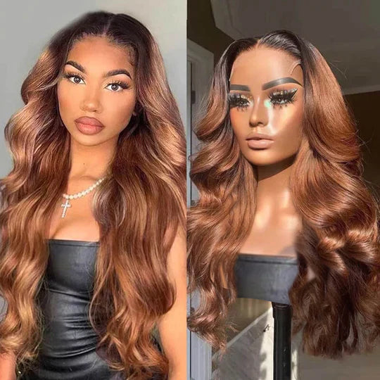 Black With Light Brown Ombre Color Body Wave Virgin Wig HD Lace Wig Human Hair Wig - 13x4 Lace / Yes（+） / 22inch