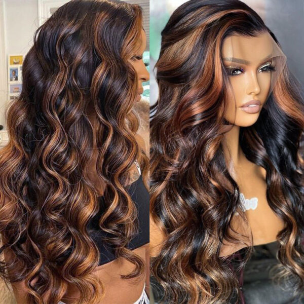 Pre-Cut Lace Wear Go Glueless Wig Black With Honey Blonde Piano Color Body Wave Breathable - 4x4 Lace / 150% Density / 32 inch