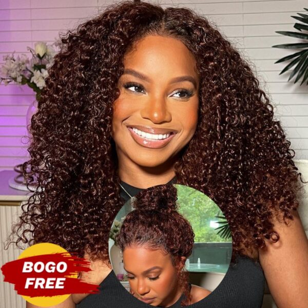 BOGO Sunber Pre-Cut Lace Reddish Brown Curly Quick & Easy Installation Glueless Wigs - 22 / 13*4 Pre Everything / No Baby Hair