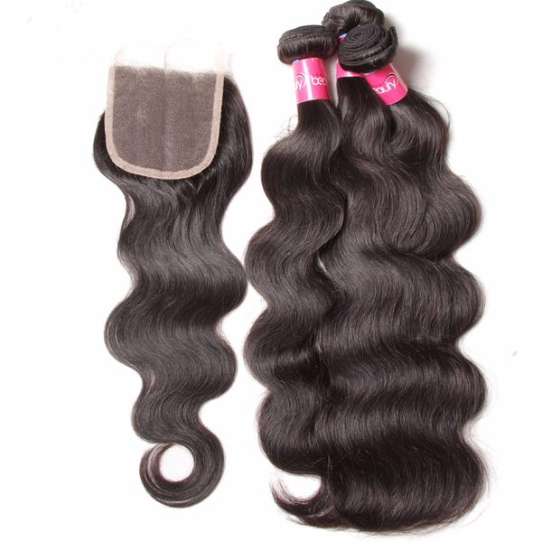 Virgin Malaysian Hair Extensions - Body Wave 4 Bundles With 4*4 Lace Closure, Tangle Free, Natural Black, No Shedding - 10 12 14 16+10