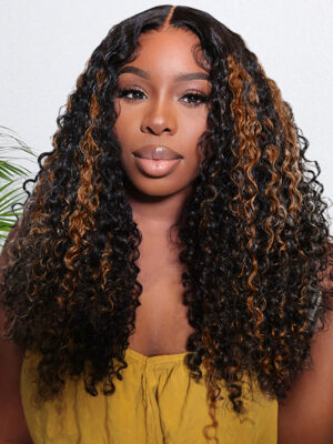 Wear Go Pre-Cut Lace Black With Copper Color Curly Breathable Cap Glueless Wig - 13x4 Lace / 180% / 30 inch