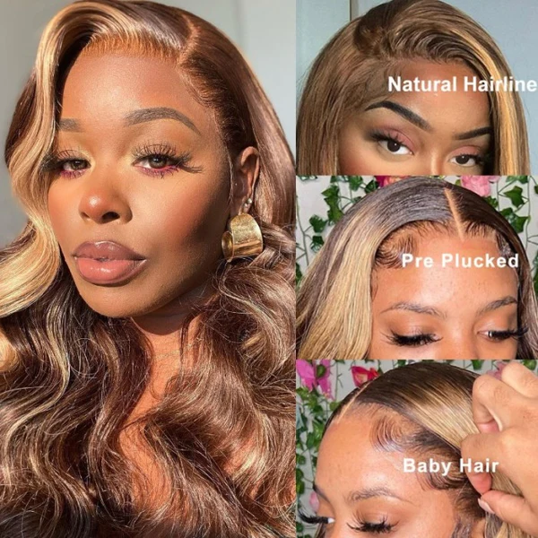 Honey Blonde Highlight Glueless Wig Body Wave 4x4 Closure Lace Front Wigs 100% Virgin Human Hair Wigs - 13x4 Lace / 20inch