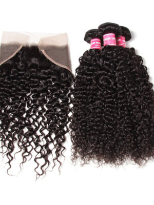 Brazilian Virgin Curly Hair Extensions - Natural Black - Lace Frontal with 4 Bundles, 100% Human Hair Extensions Wefts - 22 22 22 22+20