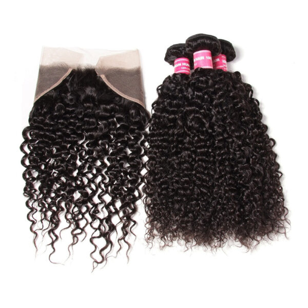Brazilian Virgin Curly Hair Extensions - Natural Black - Lace Frontal with 4 Bundles, 100% Human Hair Extensions Wefts - 20 22 24 24+18