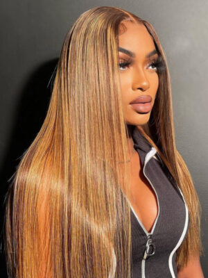 Highlights Color 360 Transparent Lace Wig Straight Human Hair Wig For Black Woman - 360 Lace / 150% / 32inch