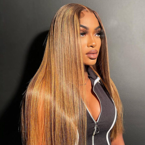 Highlights Color 360 Transparent Lace Wig Straight Human Hair Wig For Black Woman - 360 Lace / 150% / 32inch