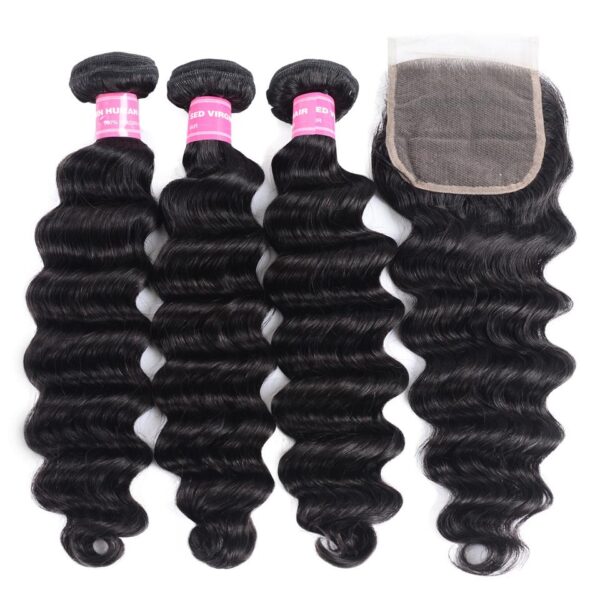 Sunber Hair Brazilian Loose Deep Wave 3 Bundles Hair with 4*4 Lace Closure Deals - 16 18 20+16