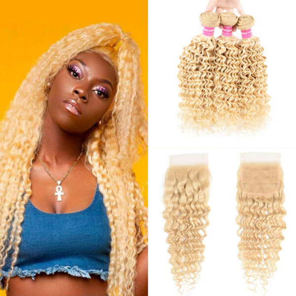 Sunber Hair 613 Blonde Deep Wave 3PCS With 4X4 Lace Closure 100% Virgin Human Hair Weaves - 14 16 18+10