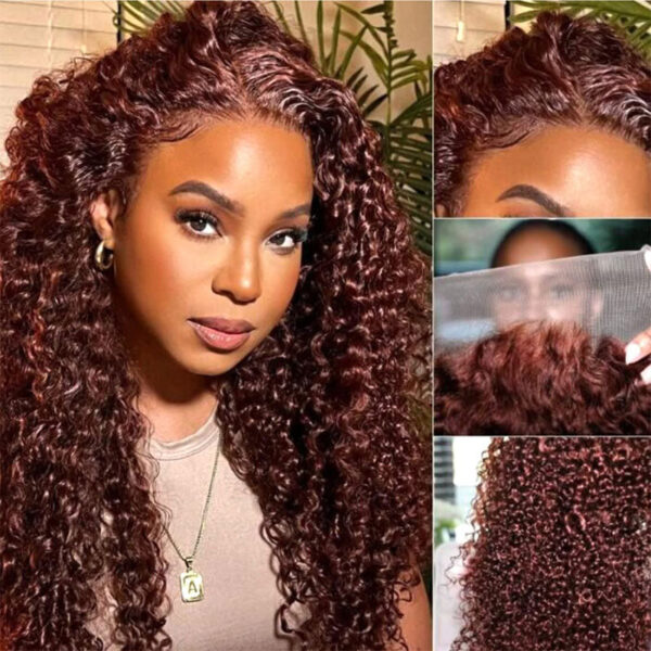 Reddish Brown Curly Wig HD Lace Front Wigs 4*4/13*4/13*6 Lace Human Hair Wig - 13x6 Lace / Yes（+） / 24inch