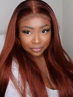 Wear & Go Reddish Brown Straight Wig Transparent Lace Front Wigs 100% Human Hair - 5X5 Lace / 180% / 16inch