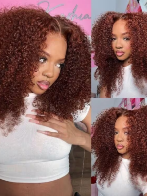 Sunber Kinky Curly Reddish Brown 6x4.75 Pre-Cut Lace Closure Wig Human Hair Glueless Wig - 24 / 6*4.75 Pre-Cut-With Baby Hair / 150%