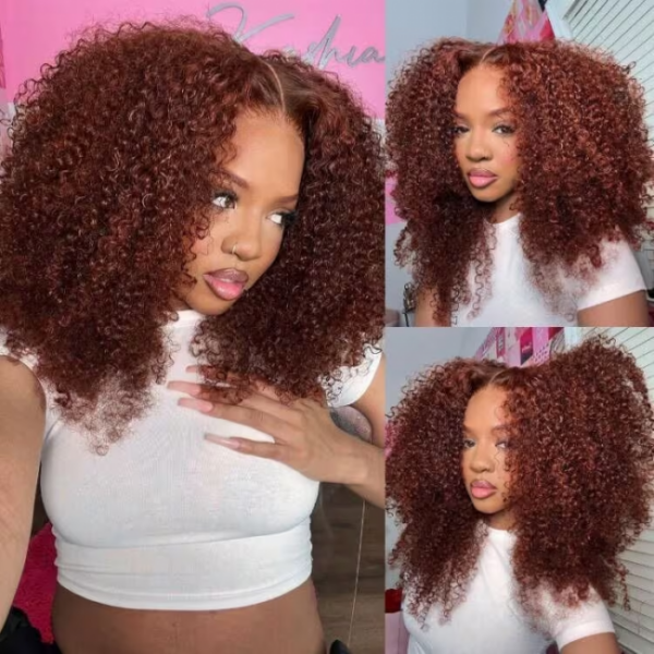 Sunber Kinky Curly Reddish Brown 6x4.75 Pre-Cut Lace Closure Wig Human Hair Glueless Wig - 24 / 6*4.75 Pre-Cut-With Baby Hair / 150%