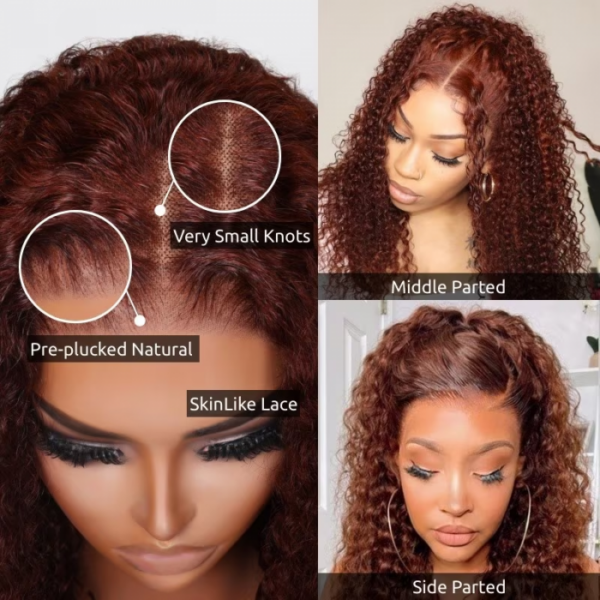 Sunber Kinky Curly Reddish Brown 6x4.75 Pre-Cut Lace Closure Wig Human Hair Glueless Wig - 24 / 6*4.75 Pre-Cut-With Baby Hair / 150%